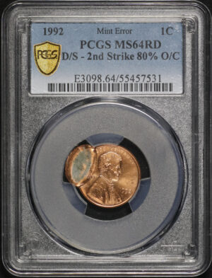 Obverse of this 1992 Lincoln Cent Modern PCGS MS-64 RD Mint Error D/S 2nd Strike 80% O/C