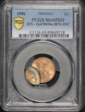 Obverse of this 1996 Lincoln Cent Modern PCGS MS-65 RD Mint Error D/S 2nd Strike 80% O/C