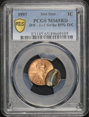 Obverse of this 1997 Lincoln Cent Modern PCGS MS-65 RD Mint Error D/S 2nd Strike 85% O/C