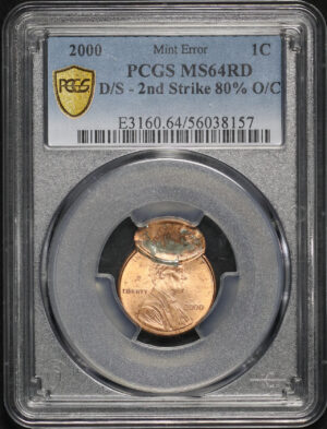 Obverse of this 2000 Lincoln Cent Modern PCGS MS-64 RD Mint Error D/S 2nd Strike 80% O/C