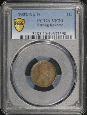 Obverse of this 1922 No D Strong Reverse Lincoln Cent Wheat Reverse PCGS VF-20 BN