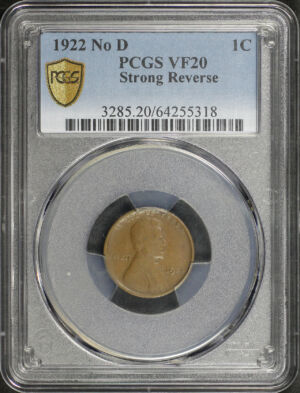 Obverse of this 1922-D No D Lincoln Cent Wheat Reverse Strong Reverse PCGS VF-20 BN