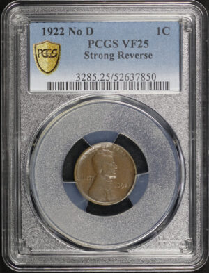 Obverse of this 1922-D No D Lincoln Cent Wheat Reverse Strong Reverse PCGS VF-25 BN