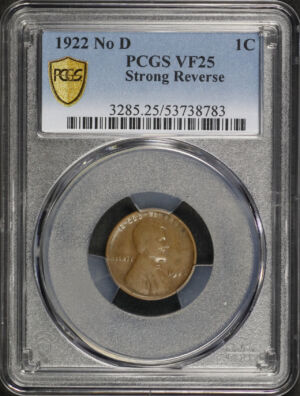 Obverse of this 1922-D No D Lincoln Cent Wheat Reverse Strong Reverse PCGS VF-25 BN