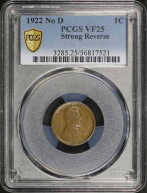Obverse of this 1922 No D Lincoln Cent Wheat Strong Reverse PCGS VF-25