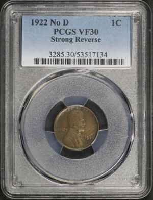 Obverse of this 1922-D No D Lincoln Cent Wheat Reverse Strong Reverse PCGS VF-30 BN