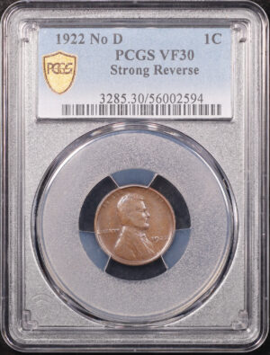 Obverse of this 1922 No D Strong Reverse Lincoln Wheat Cent PCGS VF-30 BN