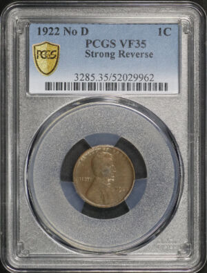 Obverse of this 1922-D No D Lincoln Cent Wheat Reverse Strong Reverse PCGS VF-35 BN