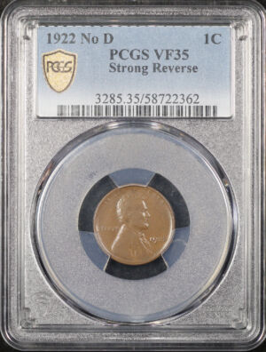 Obverse of this 1922 No D Strong Reverse Lincoln Cent Wheat Reverse PCGS VF-35