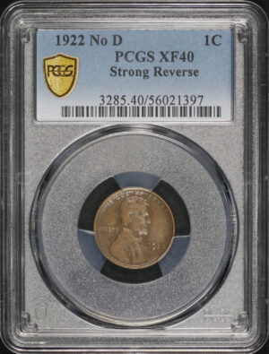 Obverse of this 1922-D No D Lincoln Cent Wheat Reverse Strong Reverse PCGS XF-40 BN