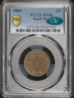 Obverse of this 1864 Two Cent Small Motto PCGS XF-40 BN CAC