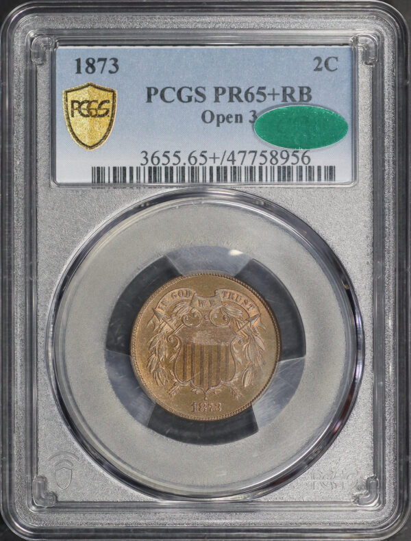 Obverse of this 1873 Two Cent Open 3 PCGS PR-65+ RB CAC