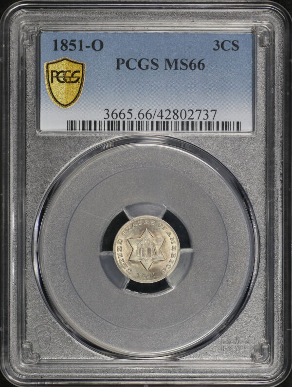 Obverse of this 1851-O Three Cent Silver PCGS MS-66