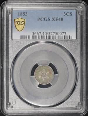 Obverse of this 1853 Three Cent Silver PCGS XF-40 – Vivid Green & Violet Hue Toning!
