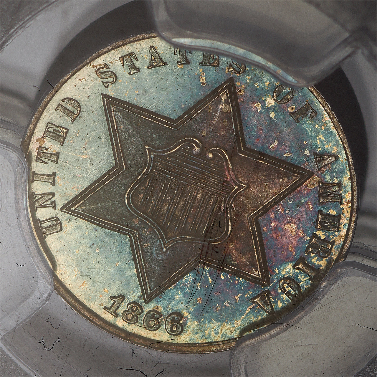 Gallery image of this 1866 Three Cent Silver PCGS PR-67 Deep Blueberry Toning