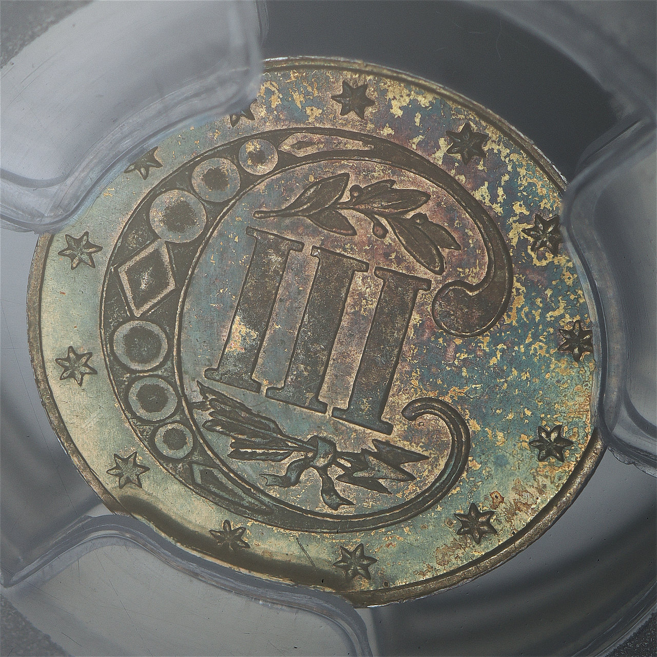 Gallery image of this 1866 Three Cent Silver PCGS PR-67 Deep Blueberry Toning