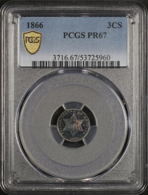 Obverse of this 1866 Three Cent Silver PCGS PR-67 Deep Blueberry Toning