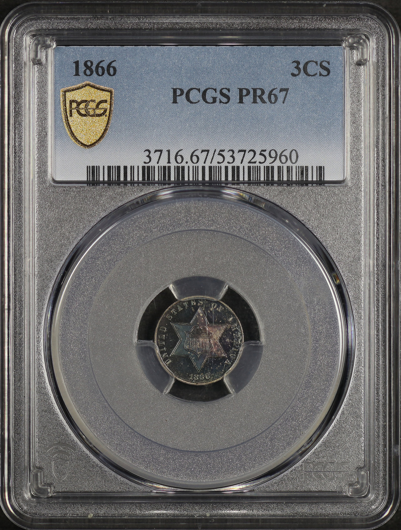 Obverse of this 1866 Three Cent Silver PCGS PR-67 Deep Blueberry Toning