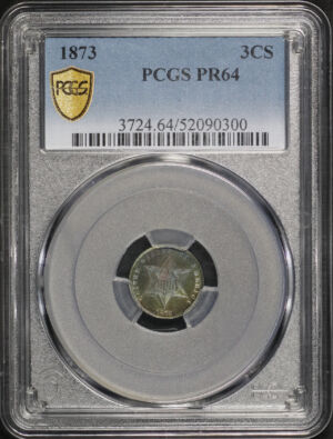 Obverse of this 1873 Three Cent Silver PCGS PR-64 Rainbow Toning