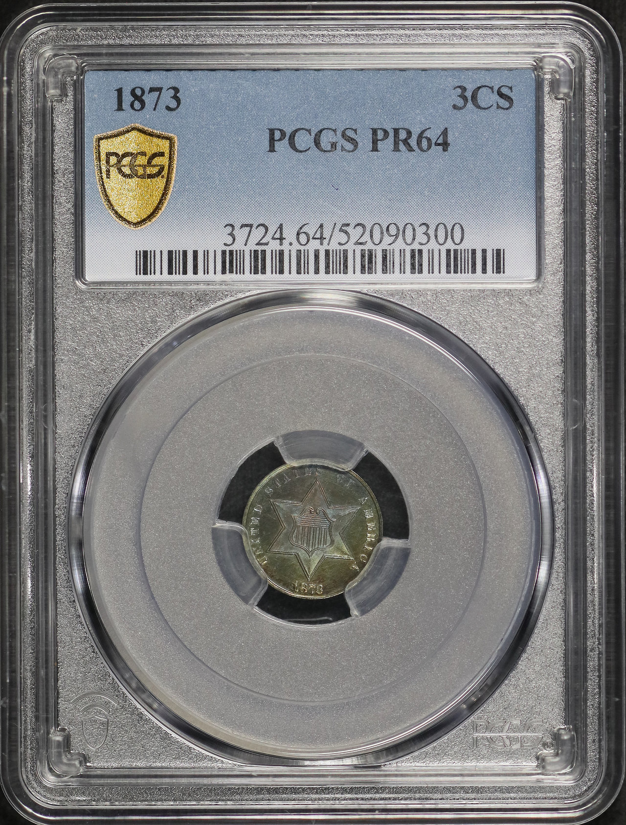 Obverse of this 1873 Three Cent Silver PCGS PR-64 Rainbow Toning