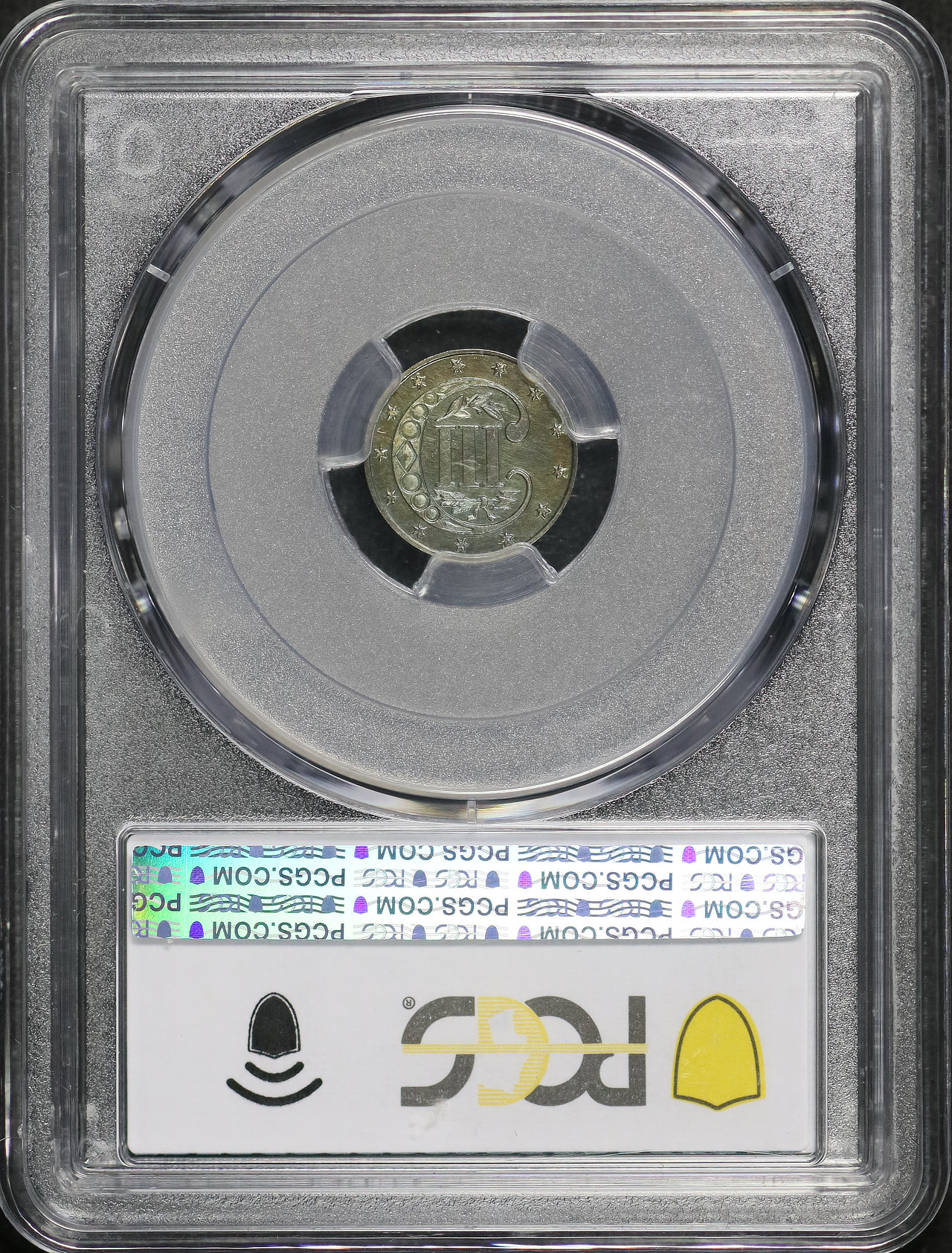 Reverse of this 1873 Three Cent Silver PCGS PR-64 Rainbow Toning