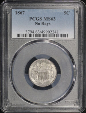 Obverse of this 1867 Shield Nickel No Rays PCGS MS-63