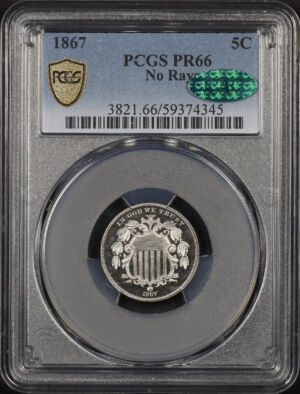 Obverse of this 1867 Shield Nickel No Rays PCGS PR-66 CAC