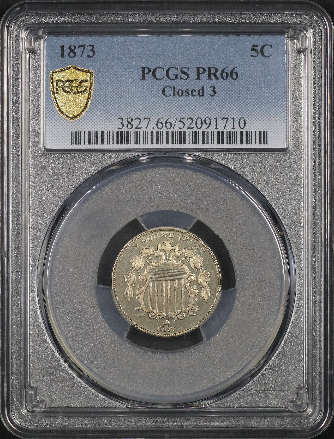 Obverse of this 1873 Shield Nickel Closed 3 PCGS PR-66