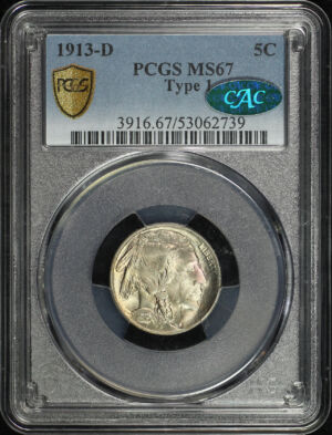Obverse of this 1913-D Buffalo Nickel Type 1 PCGS MS-67 CAC