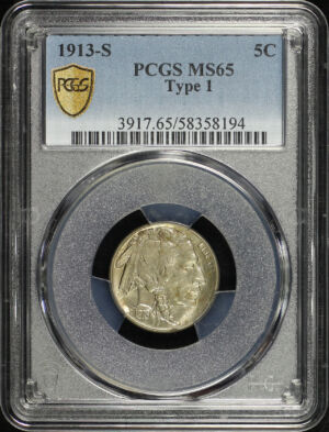 Obverse of this 1913-S Buffalo Nickel Type 1 PCGS MS-65