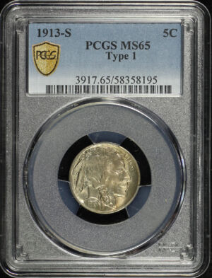 Obverse of this 1913-S Buffalo Nickel Type 1 PCGS MS-65