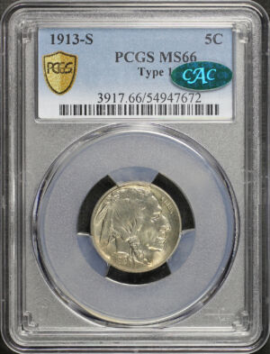 Obverse of this 1913-S Buffalo Nickel Type 1 PCGS MS-66 CAC