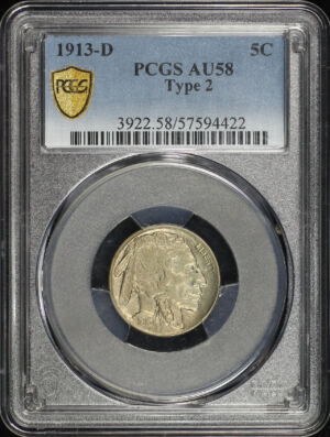 Obverse of this 1913-D Buffalo Nickel Type 2 PCGS AU-58