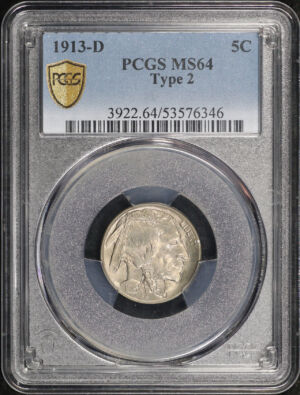 Obverse of this 1913-D Buffalo Nickel Type 2 PCGS MS-64