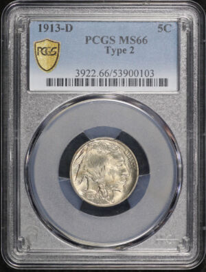 Obverse of this 1913-D Type 2 Buffalo Nickel PCGS MS-66