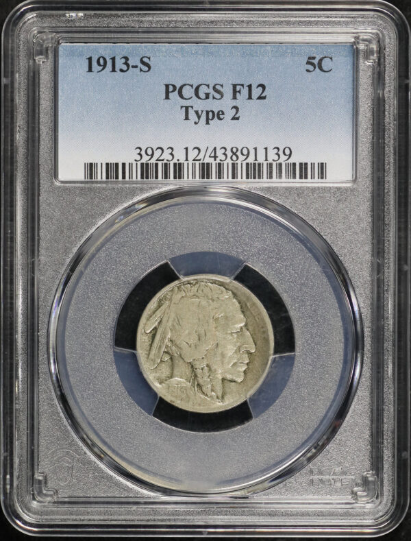 Obverse of this 1913-S Buffalo Nickel Type 2 PCGS F-12