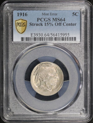 Obverse of this 1916 Buffalo Nickel PCGS MS-64 Mint Error Struck 15% Off-Center