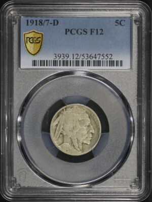 Obverse of this 1918-D/7 Buffalo Nickel PCGS F-12