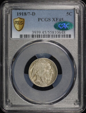 Obverse of this 1918/7-D Buffalo Nickel PCGS XF-45 CAC