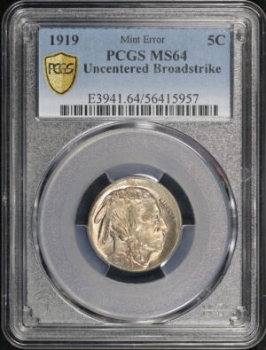 Obverse of this 1919 Buffalo Nickel PCGS MS-64 Mint Error Uncentered Broadstrike