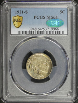 Obverse of this 1921-S Buffalo Nickel PCGS MS-64 CAC