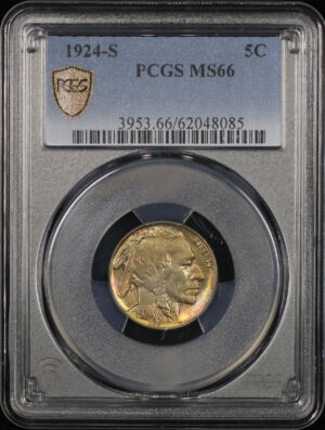 Obverse of this 1924-S Buffalo Nickel PCGS MS-66 Rainbow Toning