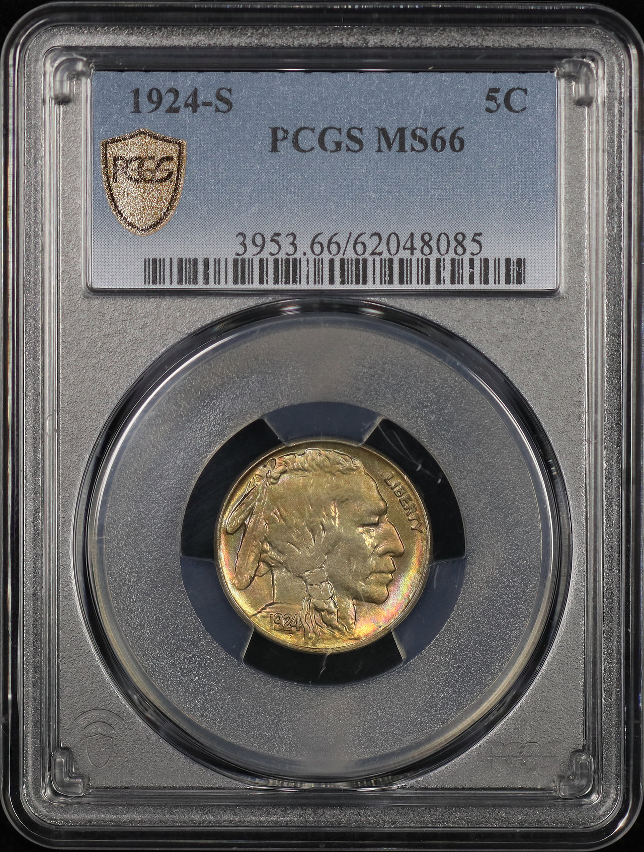 Obverse of this 1924-S Buffalo Nickel PCGS MS-66 Rainbow Toning