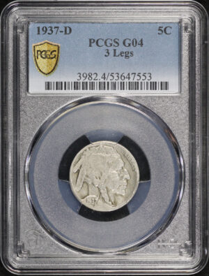 Obverse of this 1937-D Buffalo Nickel 3 Legs PCGS G-04