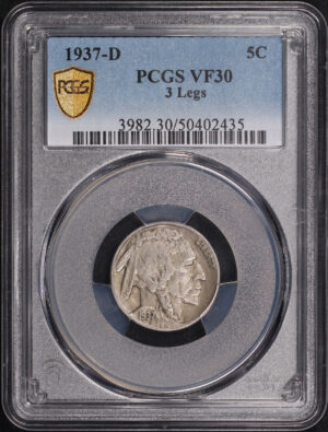 Obverse of this 1937-D Buffalo Nickel 3 Legs PCGS VF-30