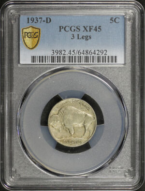 Obverse of this 1937-D Buffalo Nickel 3 Legs PCGS XF-45