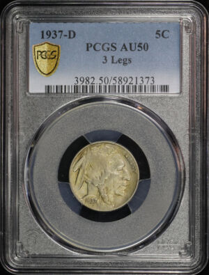Obverse of this 1937-D Buffalo Nickel 3 Legs PCGS AU-50