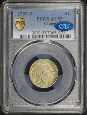Obverse of this 1937-D Buffalo Nickel 3 Legs PCGS AU-53 CAC