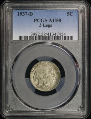 Obverse of this 1937-D Buffalo Nickel 3 Legs PCGS AU-58