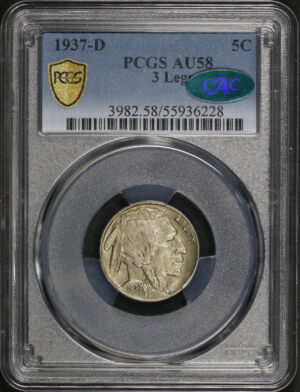 Obverse of this 1937-D Buffalo Nickel 3 Legs PCGS AU-58 CAC